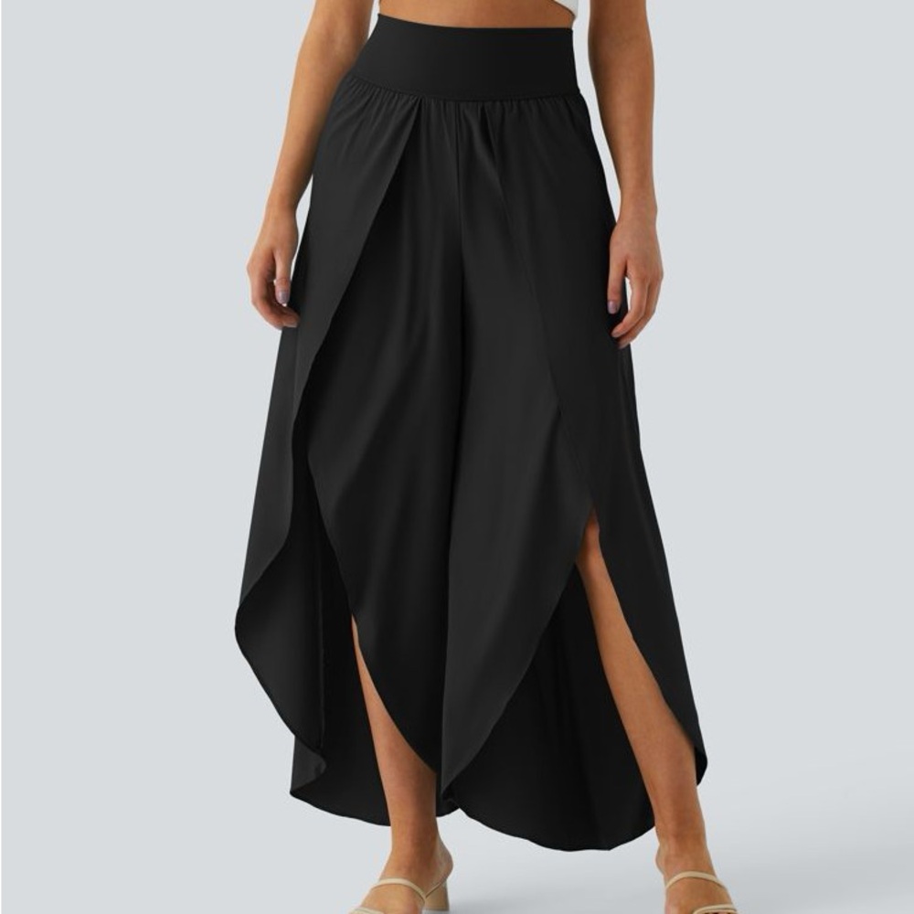 024HA.- High Waisted Back Waistband Pocket Palazzo Flowy Wide Leg Casual Pants.